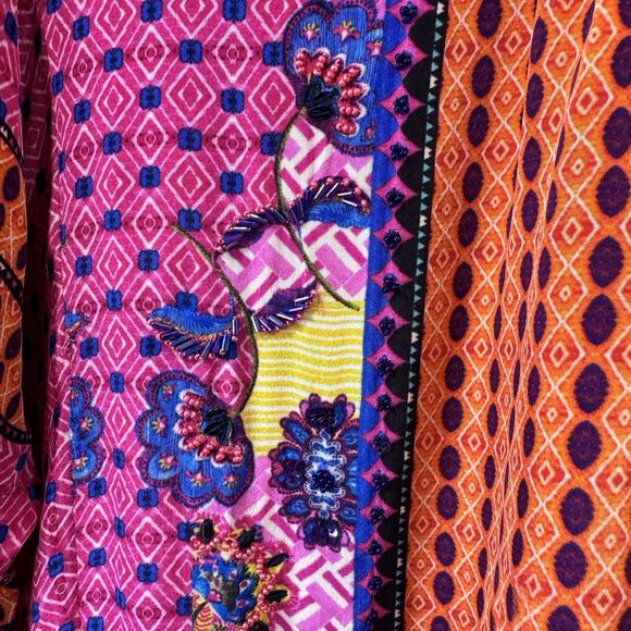 BHANUNI Anthropologie Viscose Emilia Peasant Vibrant Pink Oversize Beaded Top XS - Picture 6 of 14